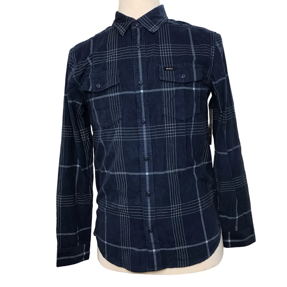 RVCA Blues Walk Button Up Corduroy Shirt Men’s Size S Plaid Blue Long Sleeve’s.